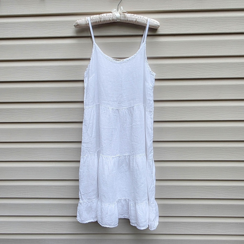Valentina Naldi Linen Dress M White Tiered Sundress Italy Spaghetti Strap